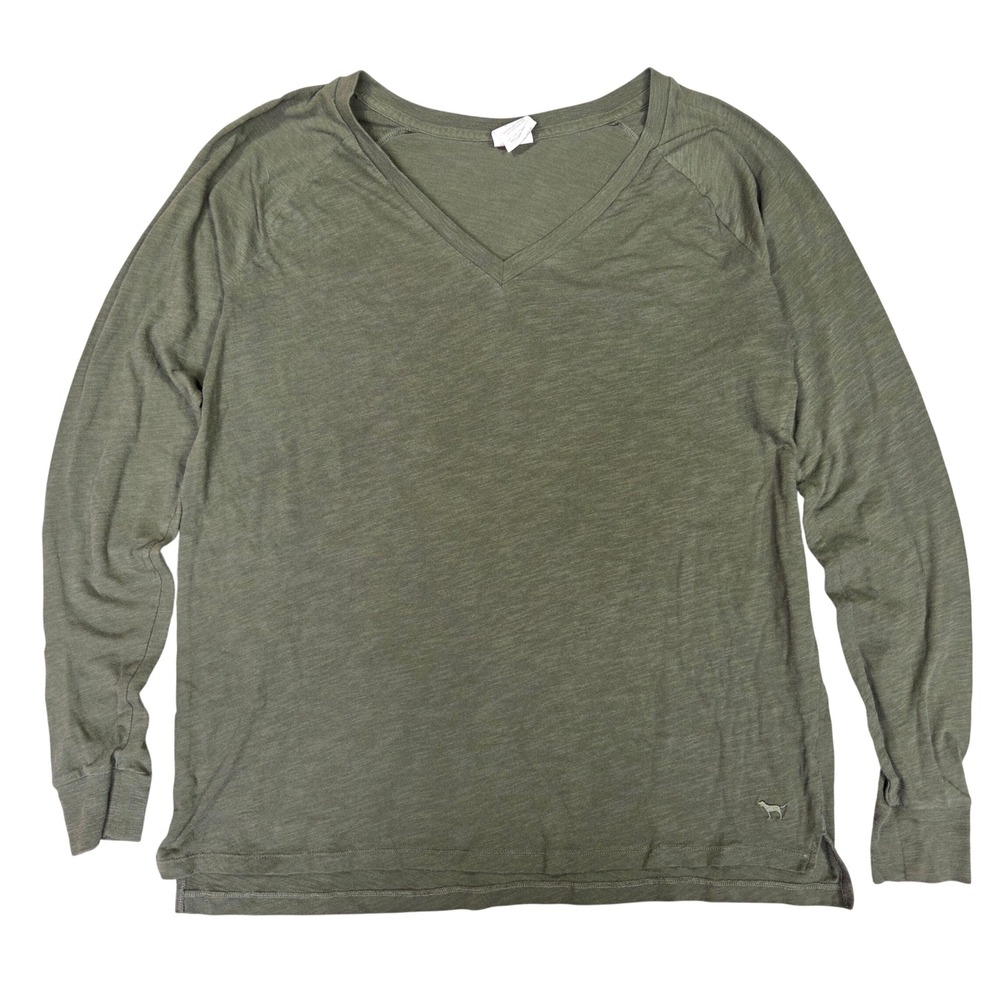 Victoria's Secret PINK Womens Olive Green V-Neck Long Sleeve Slub Tee Size M
